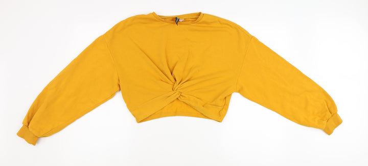 Divided Womens Yellow Cotton Cropped T-Shirt Size M Round Neck - Twist Detail
