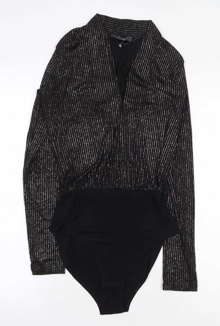 Primark Womens Black Striped Polyester Bodysuit One-Piece Size XS Snap