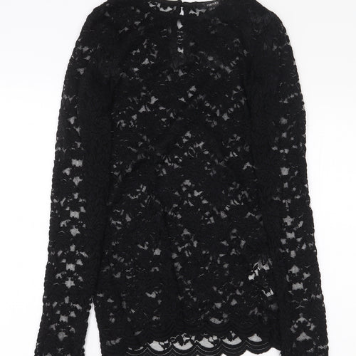 FOREVER 21 Womens Black Floral Nylon Basic Blouse Size M Boat Neck