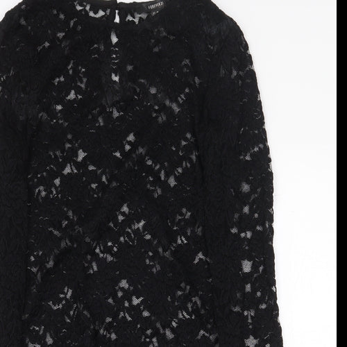 FOREVER 21 Womens Black Floral Nylon Basic Blouse Size M Boat Neck