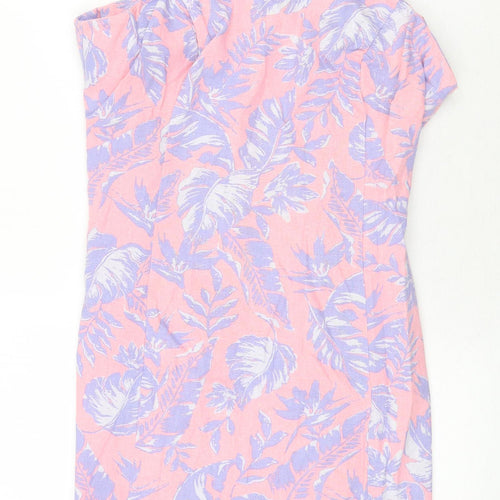 New Look Womens Pink Floral Cotton Mini Size 14 Square Neck Zip