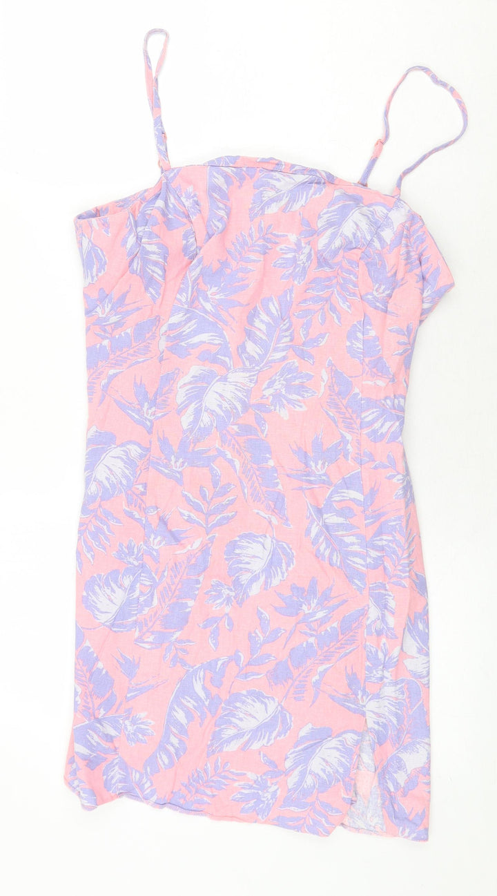 New Look Womens Pink Floral Cotton Mini Size 14 Square Neck Zip