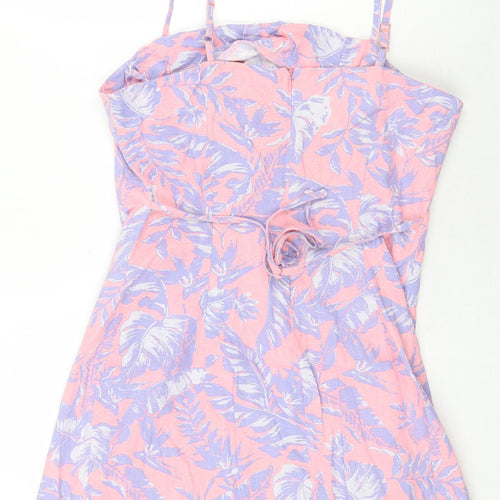 New Look Womens Pink Floral Cotton Mini Size 14 Square Neck Zip
