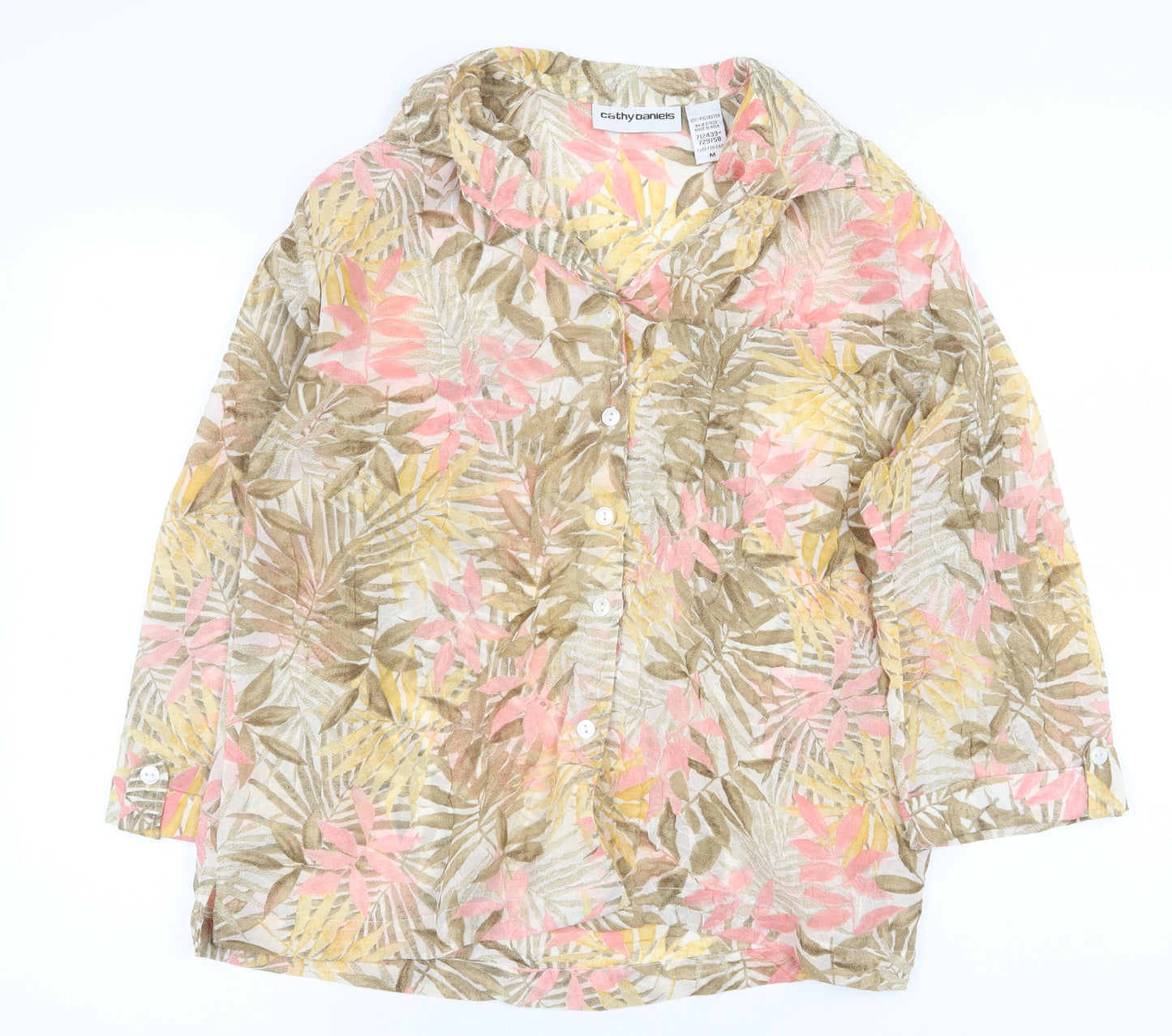 Cathy Daniels Womens Yellow Floral Polyester Basic Button-Up Size M Collared