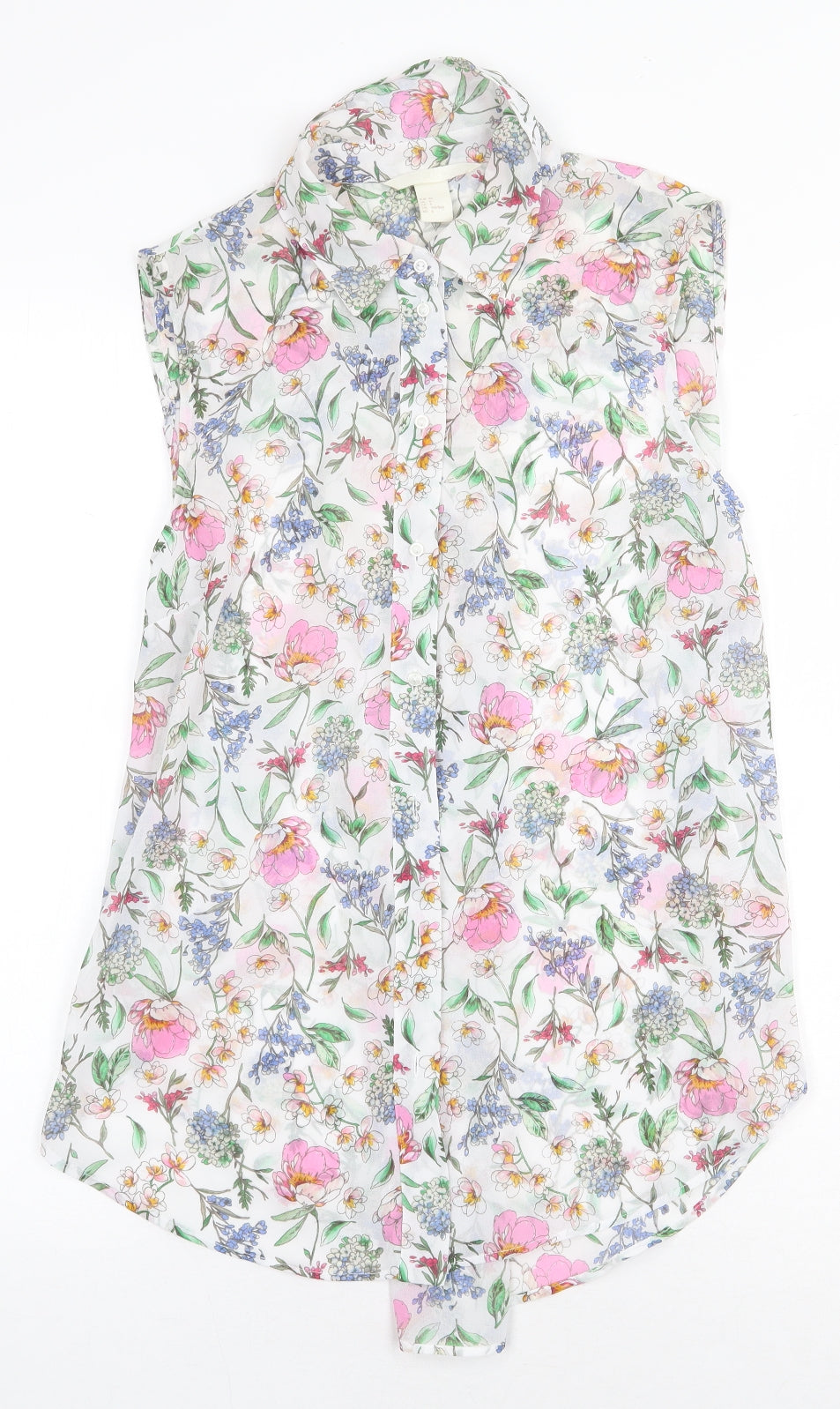 H&M Womens White Floral Polyester Basic Button-Up Size 8 Collared