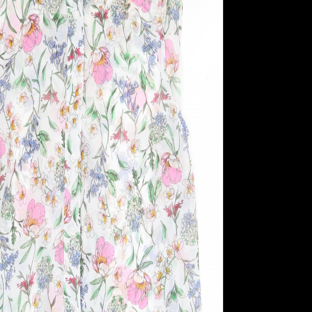 H&M Womens White Floral Polyester Basic Button-Up Size 8 Collared