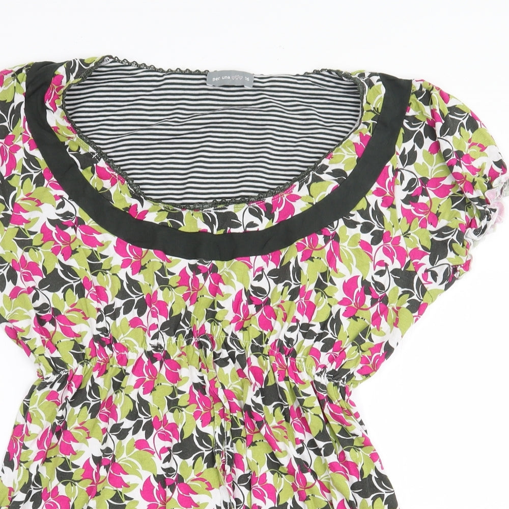 Per Una Womens Green Floral Viscose Basic Blouse Size 10 Boat Neck