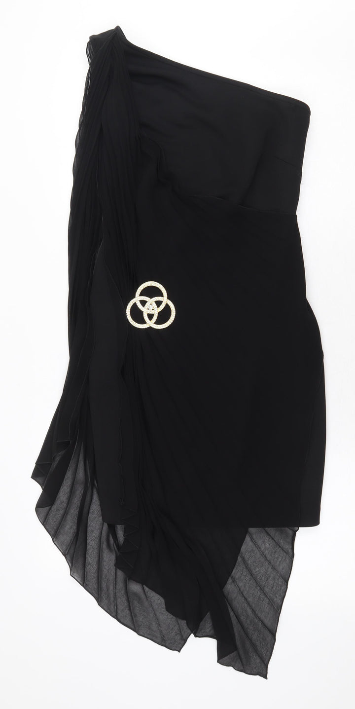 River Island Womens Black Herringbone Polyester Bodycon Size 10 One Shoulder Zip - Brooch
