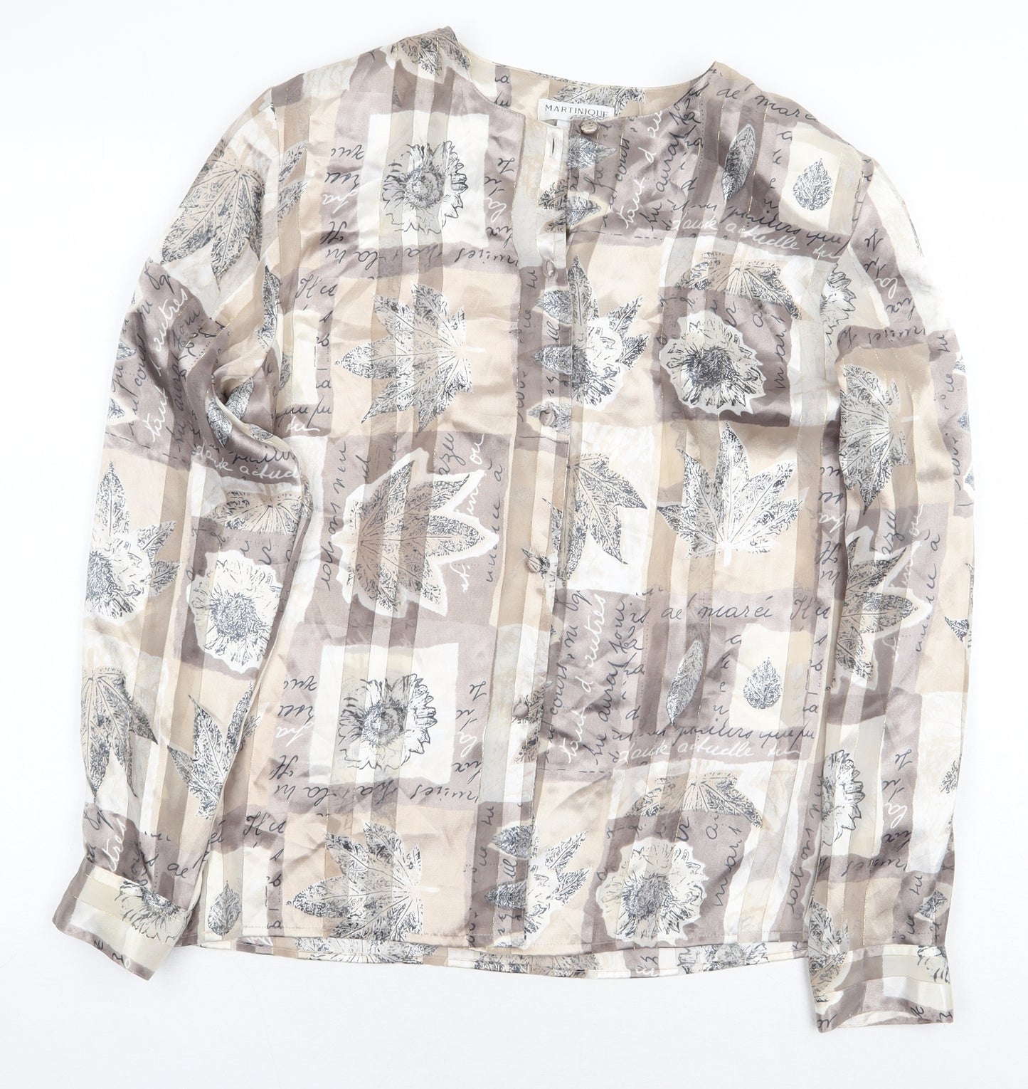 Martinique Womens Beige Floral Polyester Basic Button-Up Size 10 Round Neck