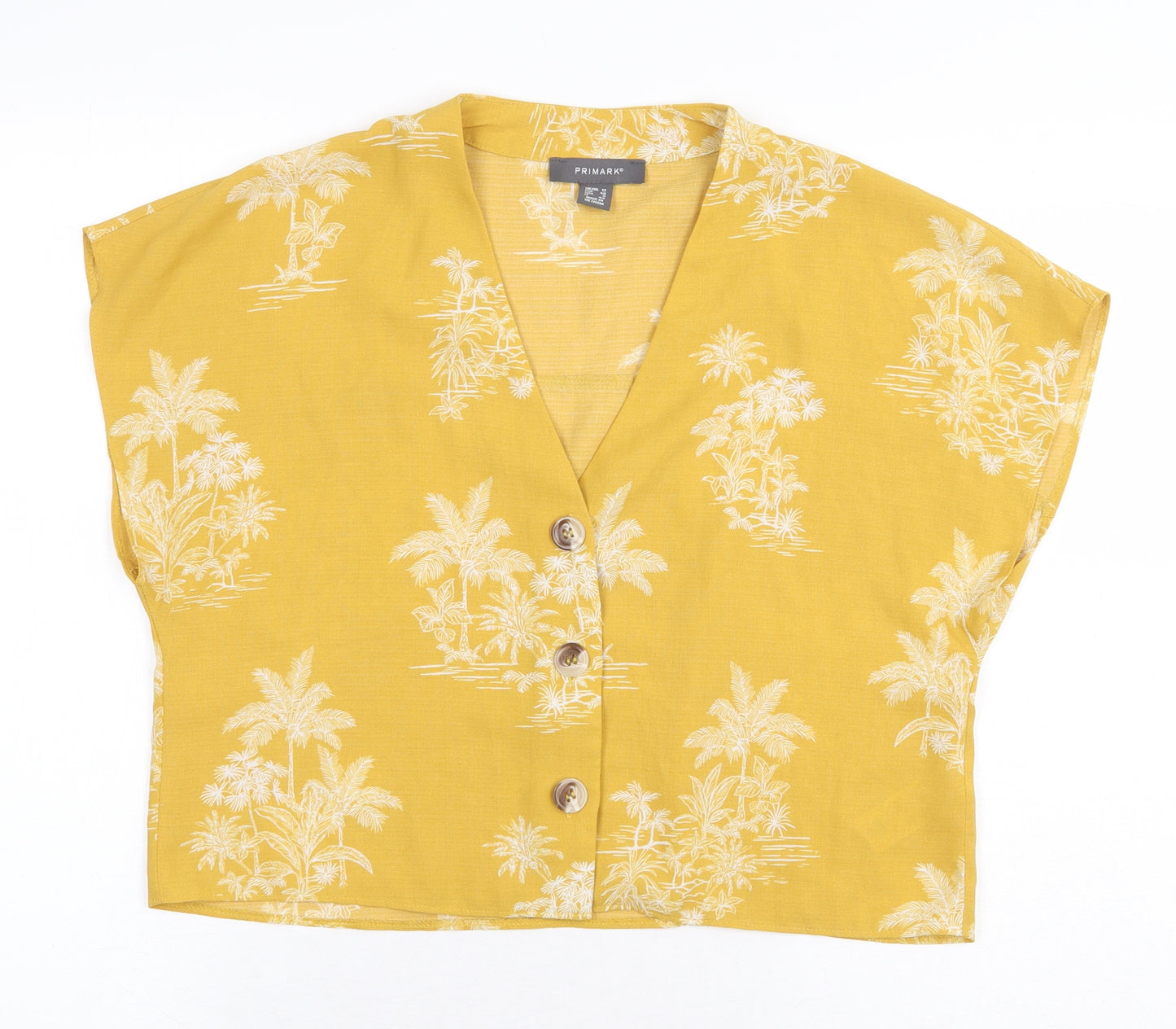 Primark Womens Yellow Floral Polyester Basic Button-Up Size 12 V-Neck