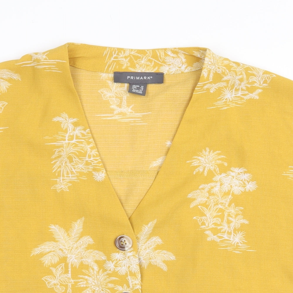 Primark Womens Yellow Floral Polyester Basic Button-Up Size 12 V-Neck