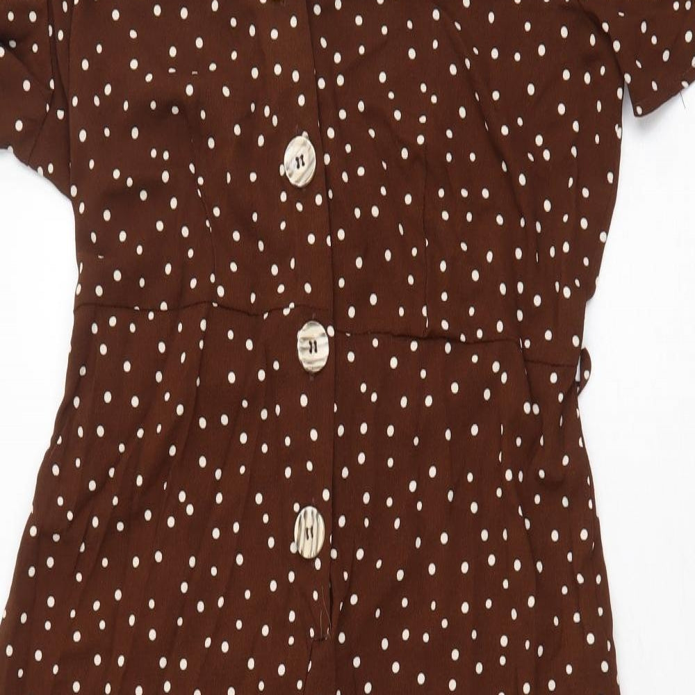 Primark Womens Brown Polka Dot Polyester Jumpsuit One-Piece Size 14 Button