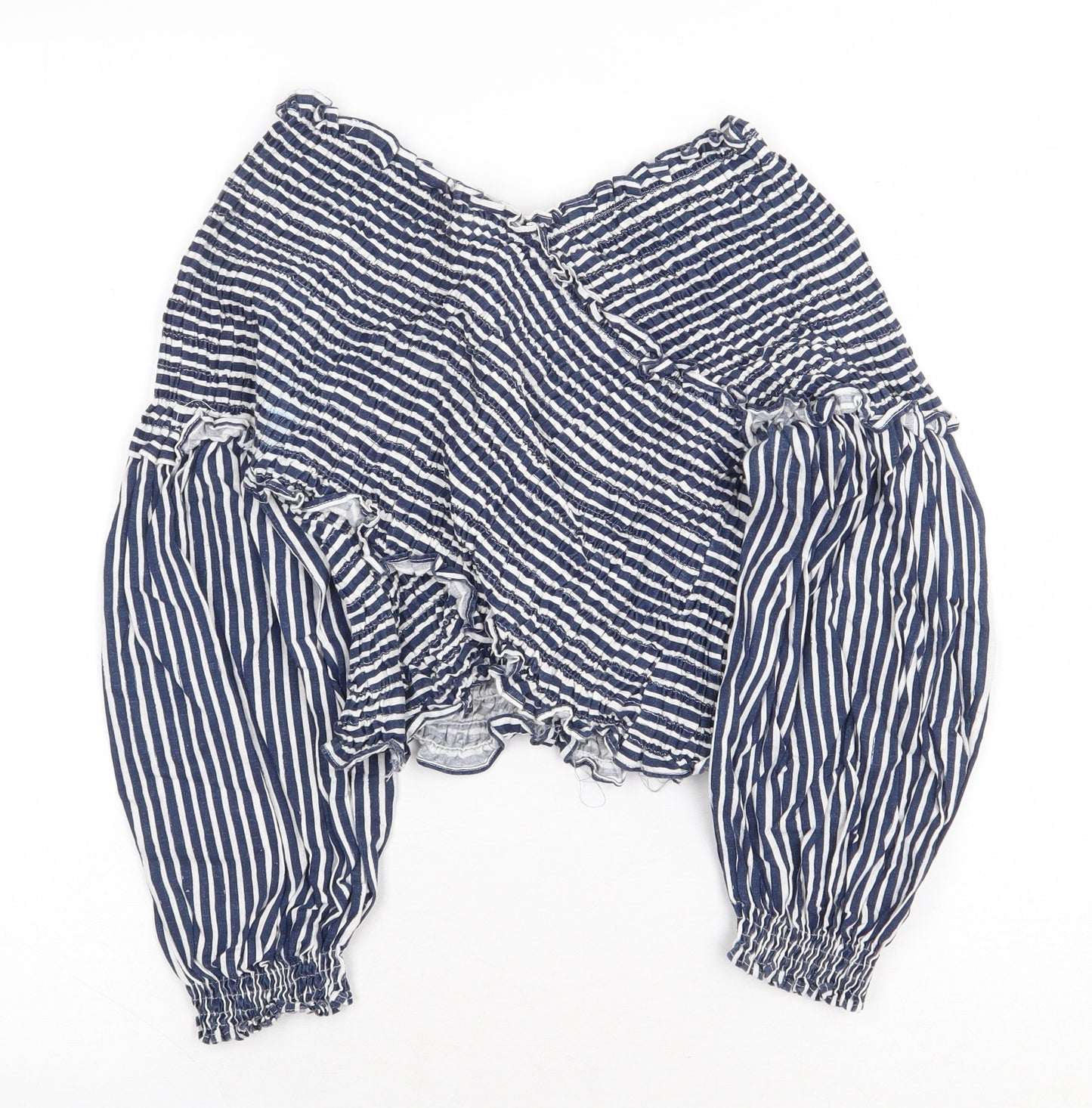 Zara Womens Blue Striped Linen Basic Blouse Size M V-Neck