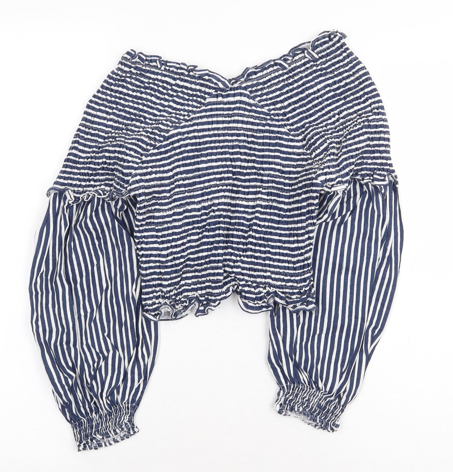 Zara Womens Blue Striped Linen Basic Blouse Size M V-Neck