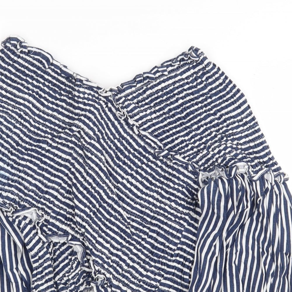 Zara Womens Blue Striped Linen Basic Blouse Size M V-Neck