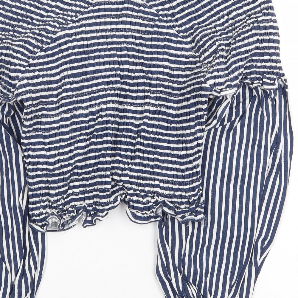 Zara Womens Blue Striped Linen Basic Blouse Size M V-Neck