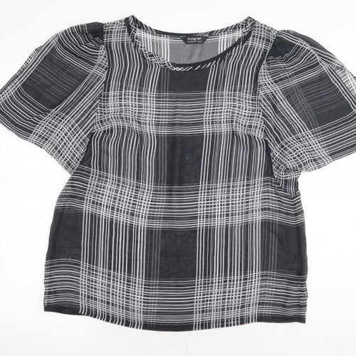 Marks and Spencer Womens Black Plaid Polyester Basic Blouse Size 16 Roll Neck