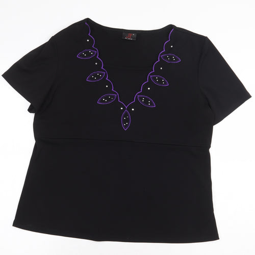 JF By Javid Womens Black Geometric Polyester Basic Blouse Size 20 Square Neck