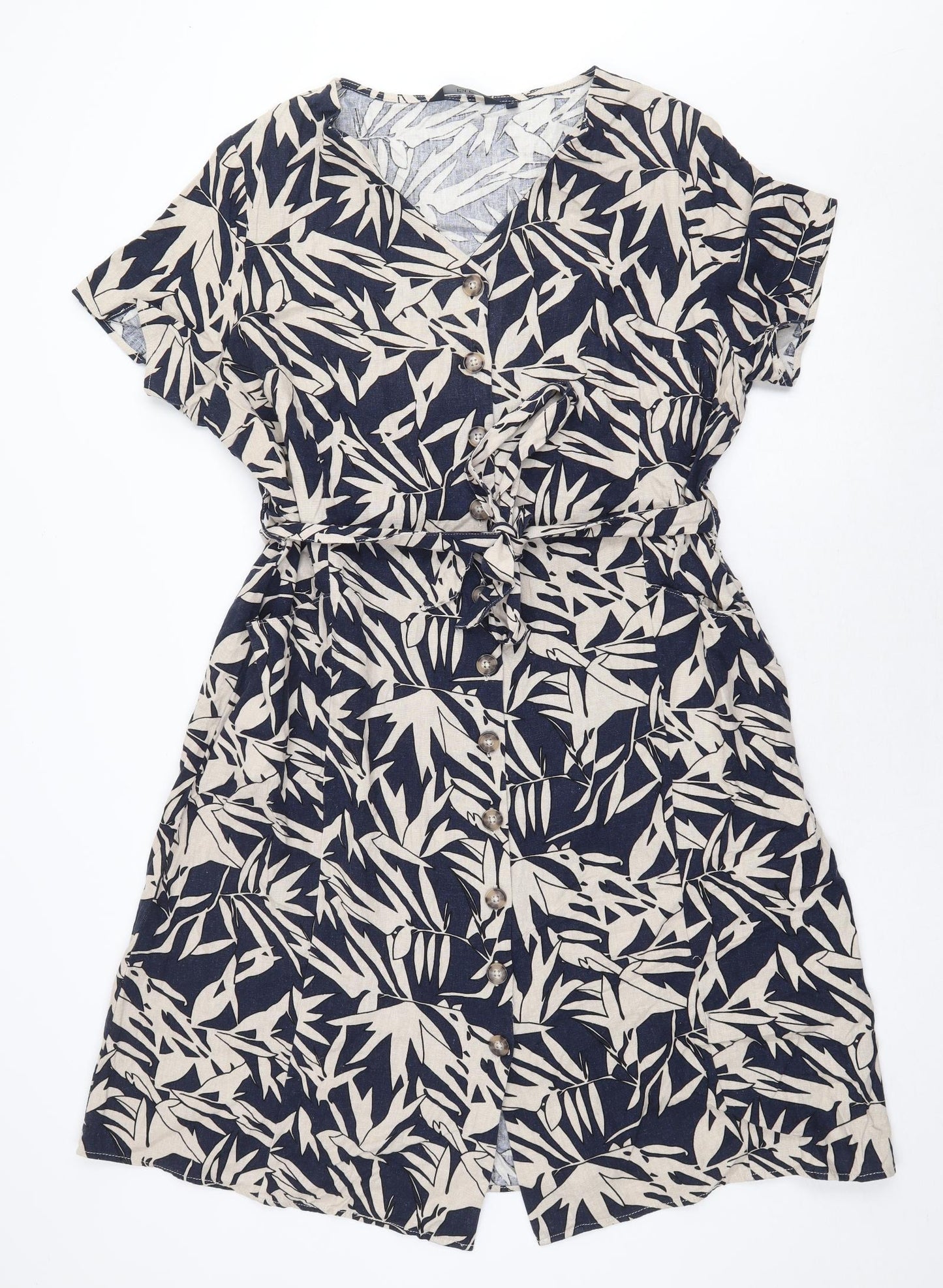 EWM Womens Blue Geometric Linen Shirt Dress Size 18 V-Neck Button