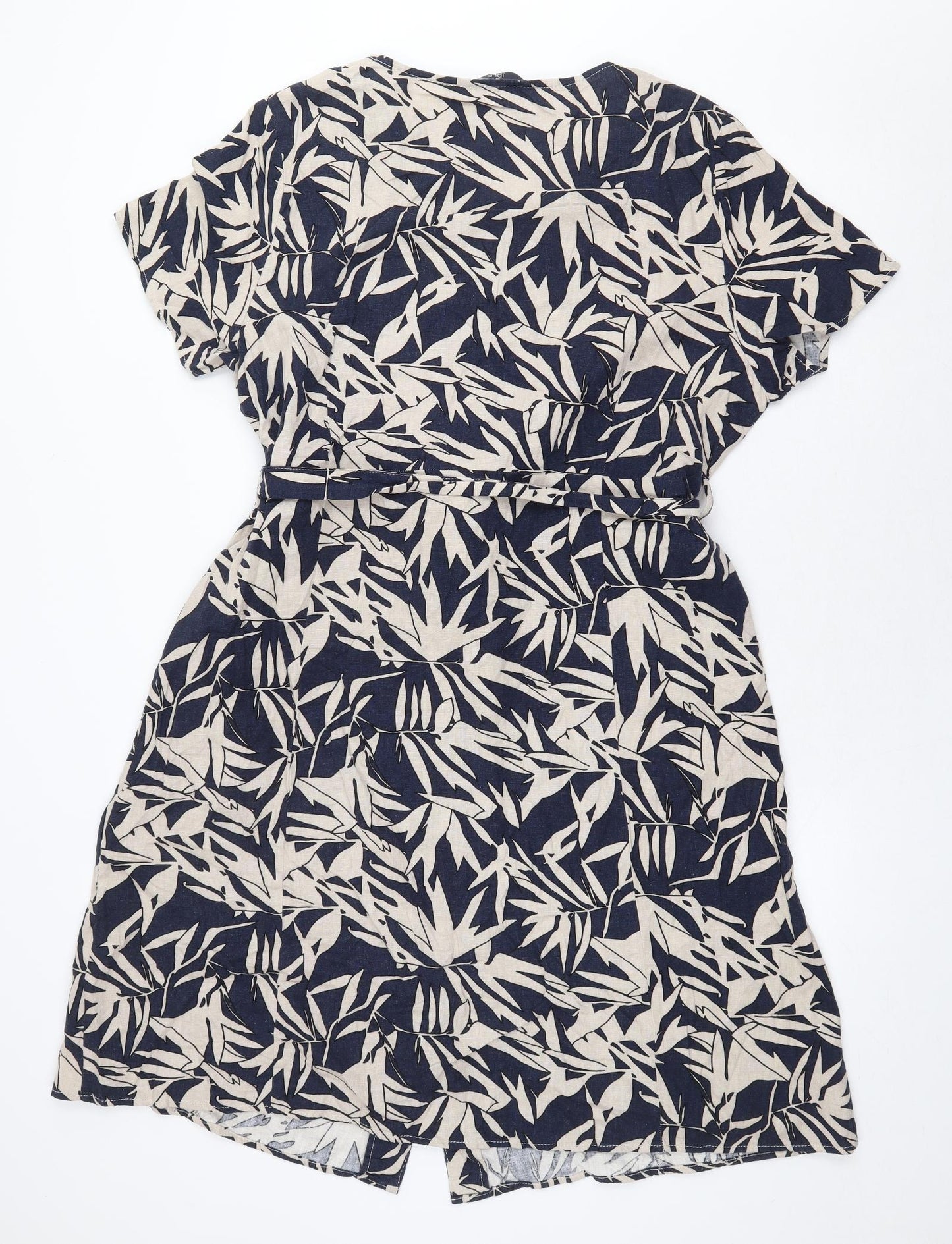 EWM Womens Blue Geometric Linen Shirt Dress Size 18 V-Neck Button