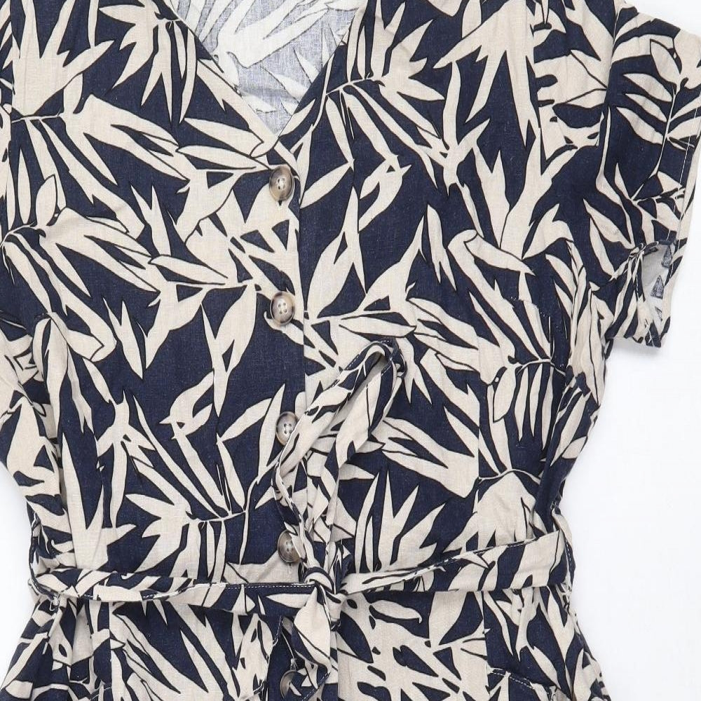 EWM Womens Blue Geometric Linen Shirt Dress Size 18 V-Neck Button