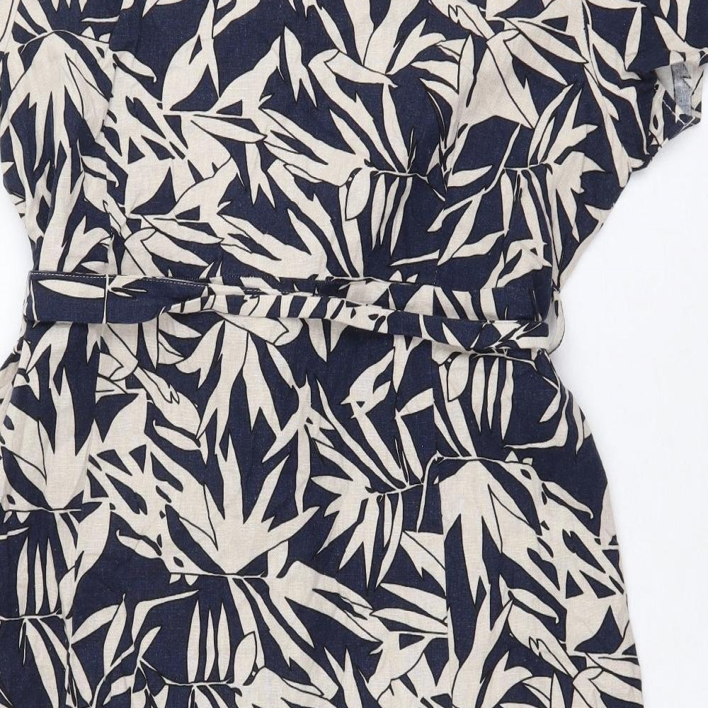 EWM Womens Blue Geometric Linen Shirt Dress Size 18 V-Neck Button