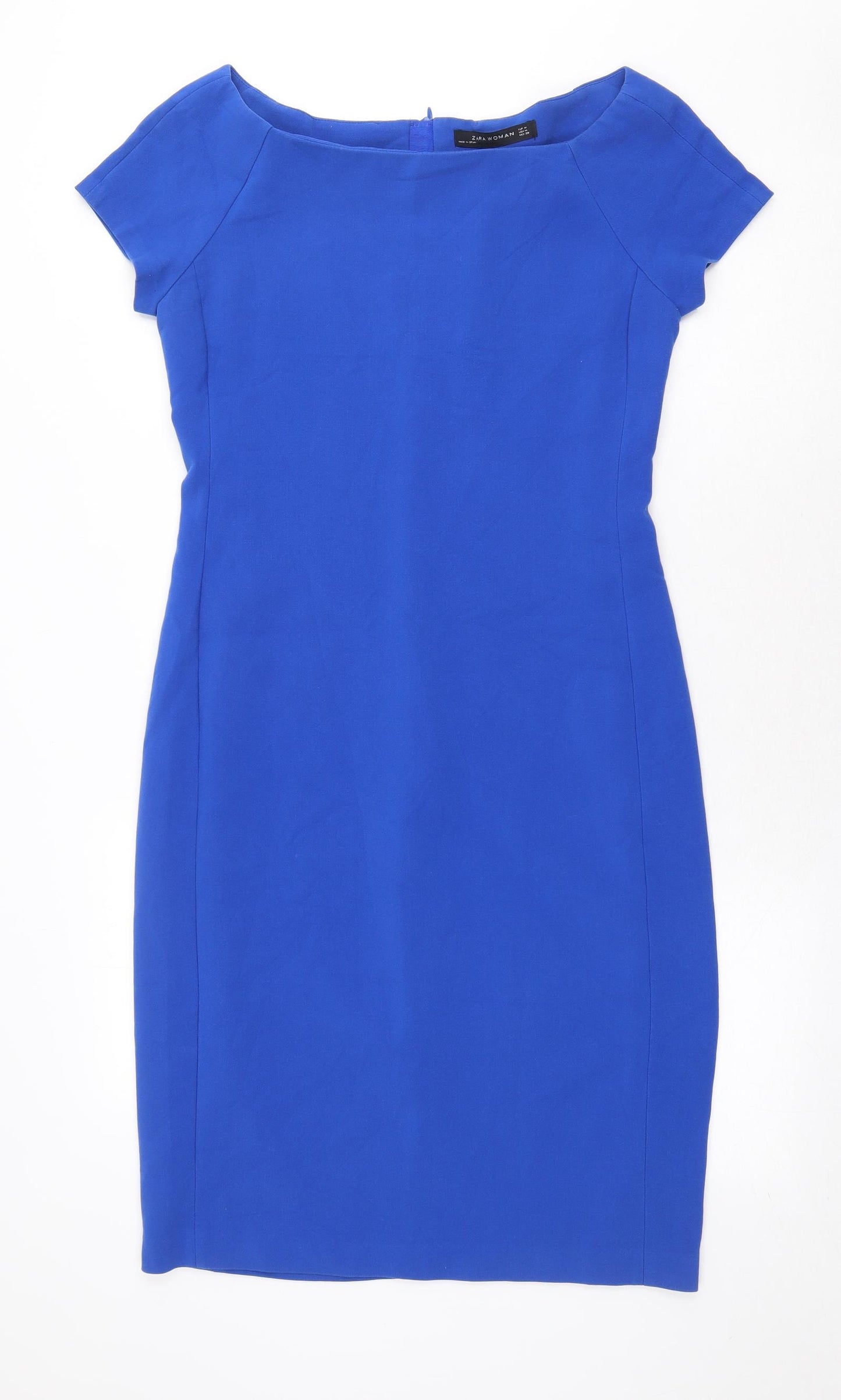 Zara Womens Blue Polyester Pencil Dress Size M Boat Neck Zip