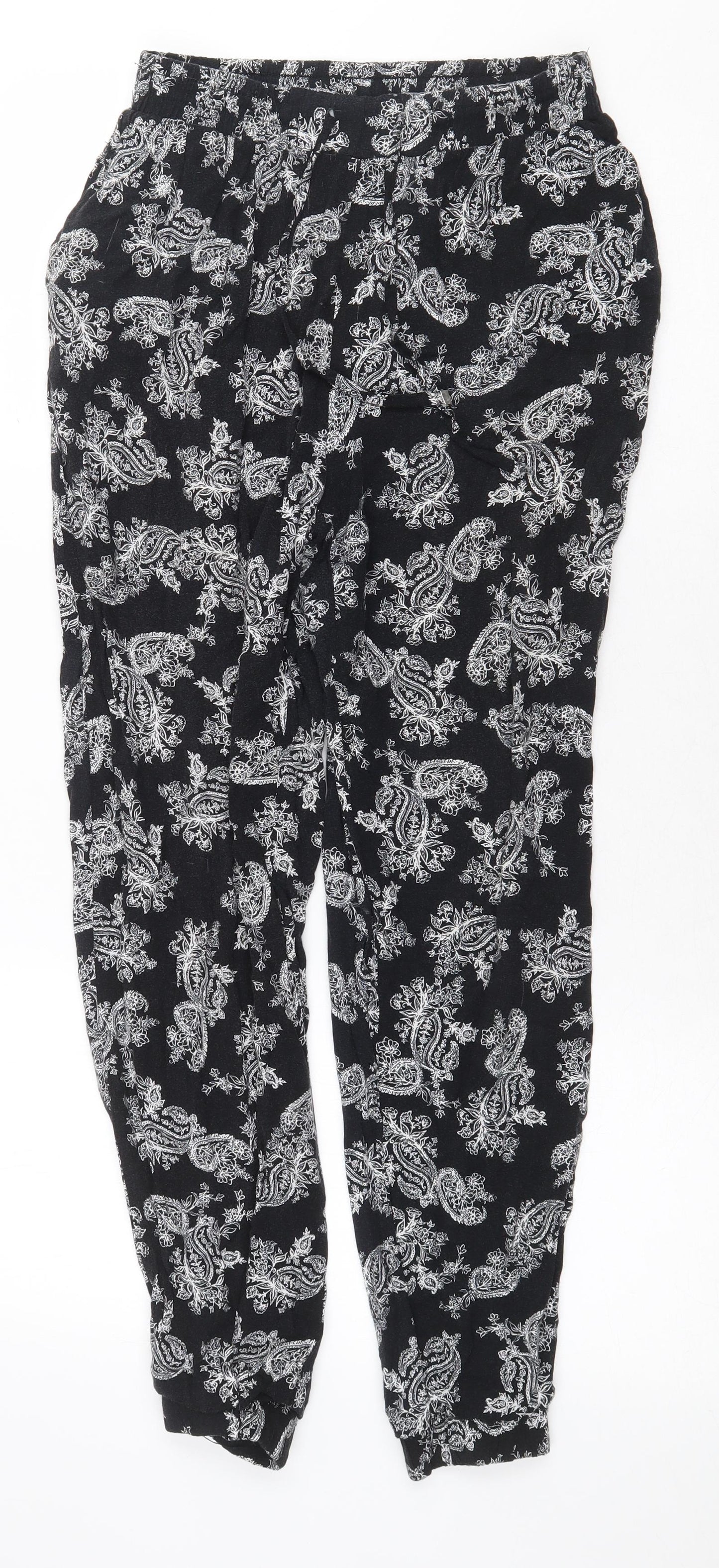 New Look Womens Black Paisley Viscose Harem Trousers Size 8 L26 in Regular Tie