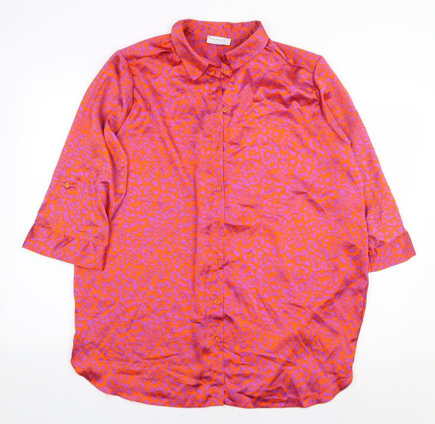 Papaya Womens Orange Animal Print Polyester Basic Button-Up Size 14 Collared - Leopard Print
