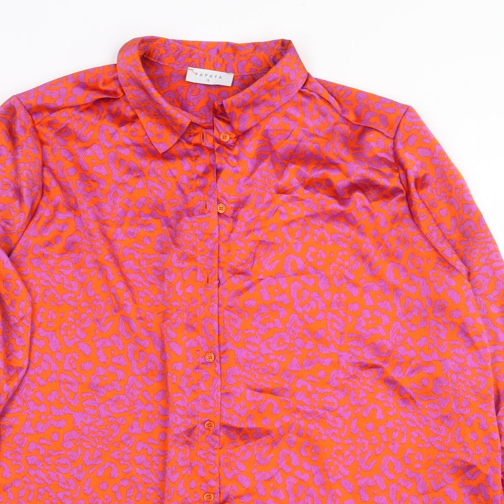 Papaya Womens Orange Animal Print Polyester Basic Button-Up Size 14 Collared - Leopard Print