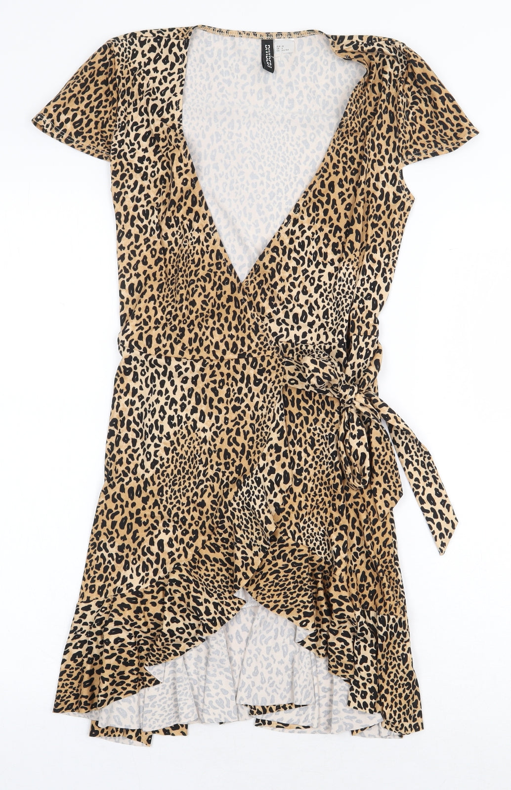 H&M Womens Multicoloured Animal Print Polyester Wrap Dress Size 4XL V-Neck Pullover - Leopard Print