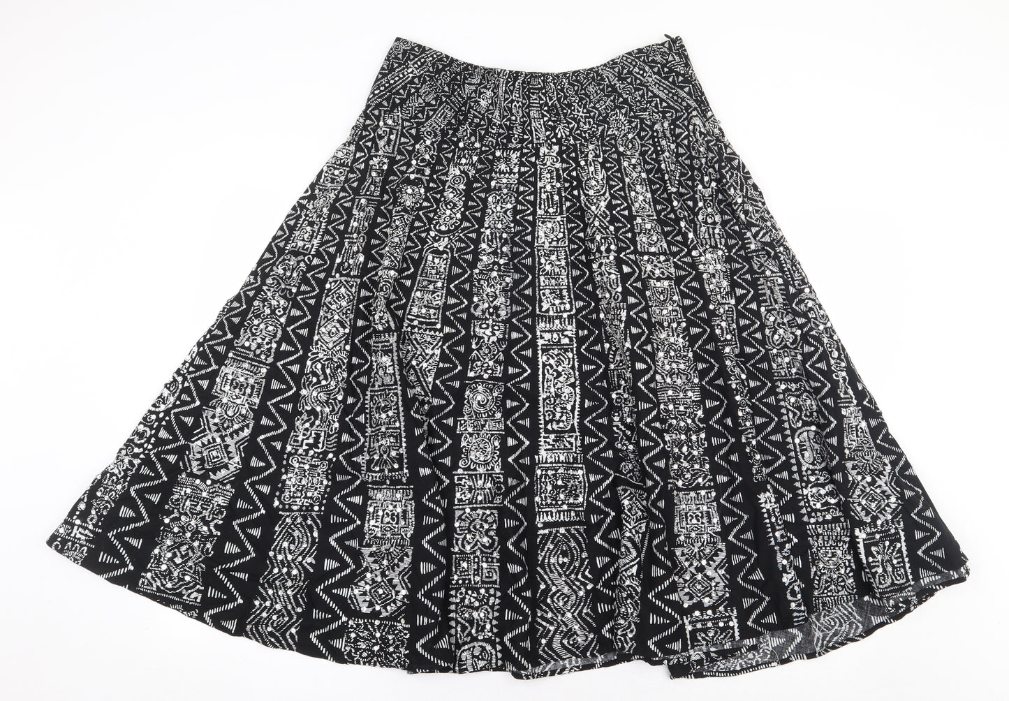 Warehouse Womens Black Geometric Cotton Skater Skirt Size 10 Zip