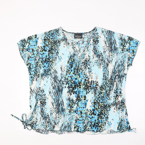 Feline Womens Blue Geometric Polyester Basic Blouse Size M Round Neck - Size M/L