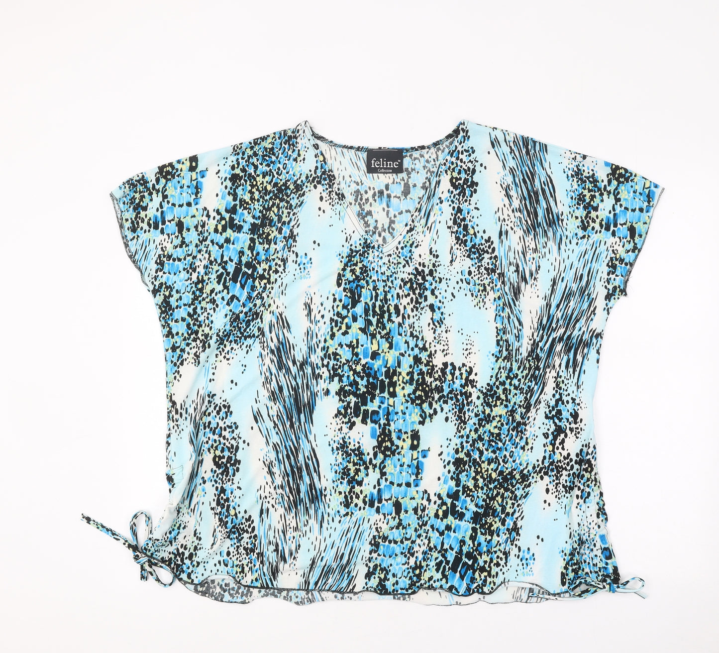 Feline Womens Blue Geometric Polyester Basic Blouse Size M Round Neck - Size M/L