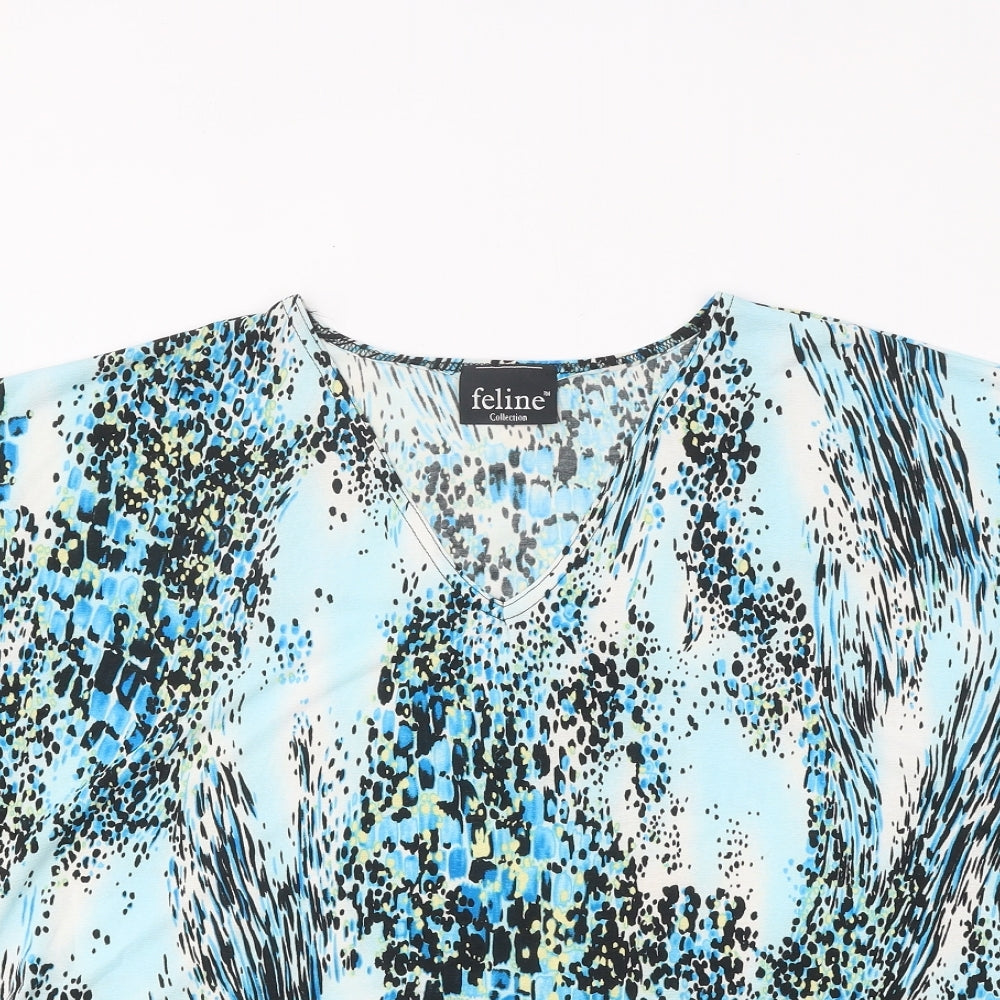 Feline Womens Blue Geometric Polyester Basic Blouse Size M Round Neck - Size M/L