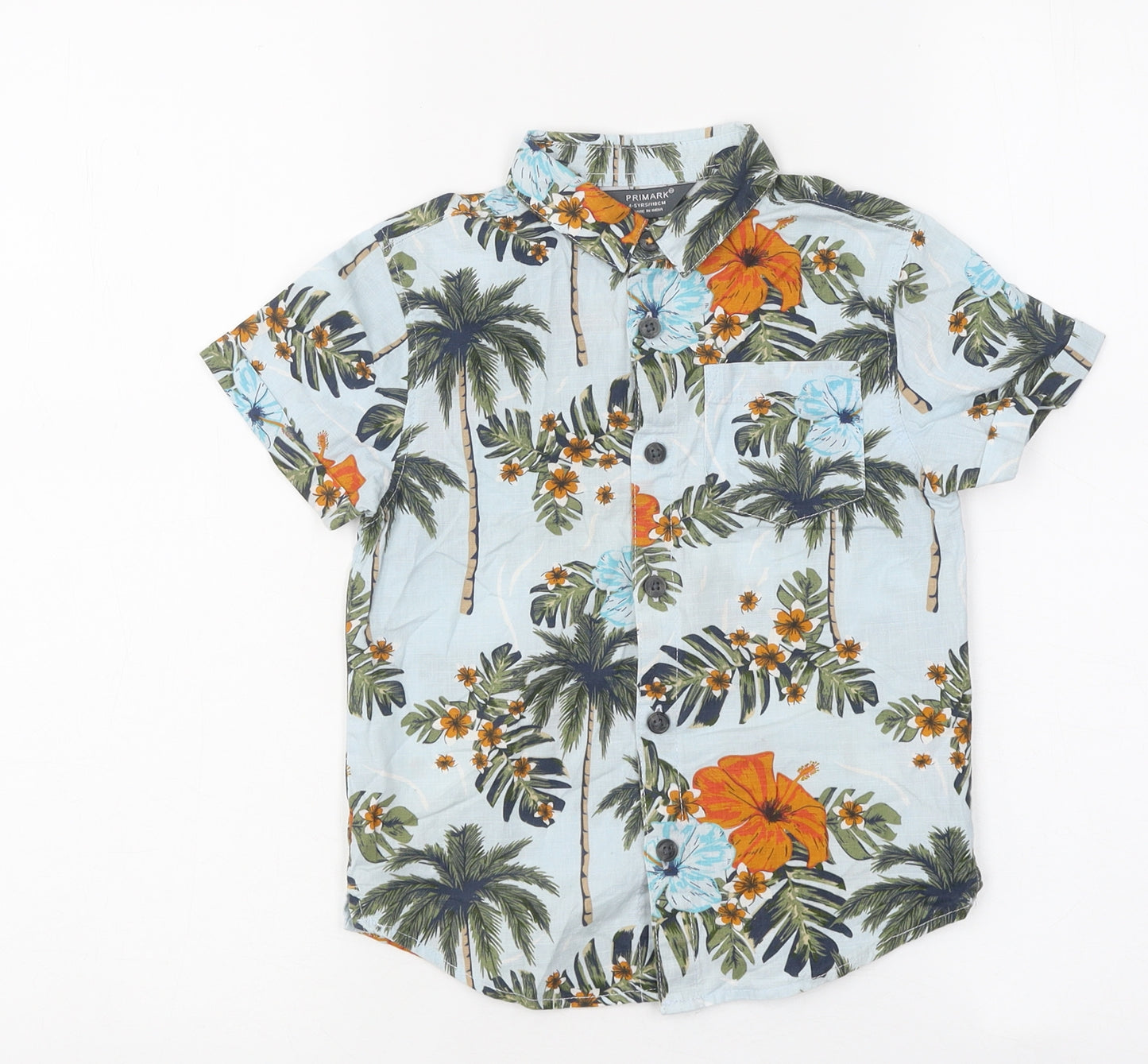 Primark Boys Blue Floral 100% Cotton Basic Button-Up Size 4-5 Years Collared Button