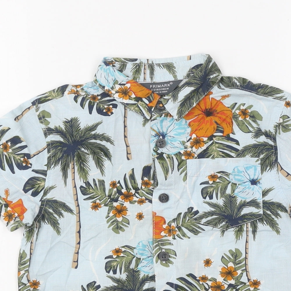 Primark Boys Blue Floral 100% Cotton Basic Button-Up Size 4-5 Years Collared Button