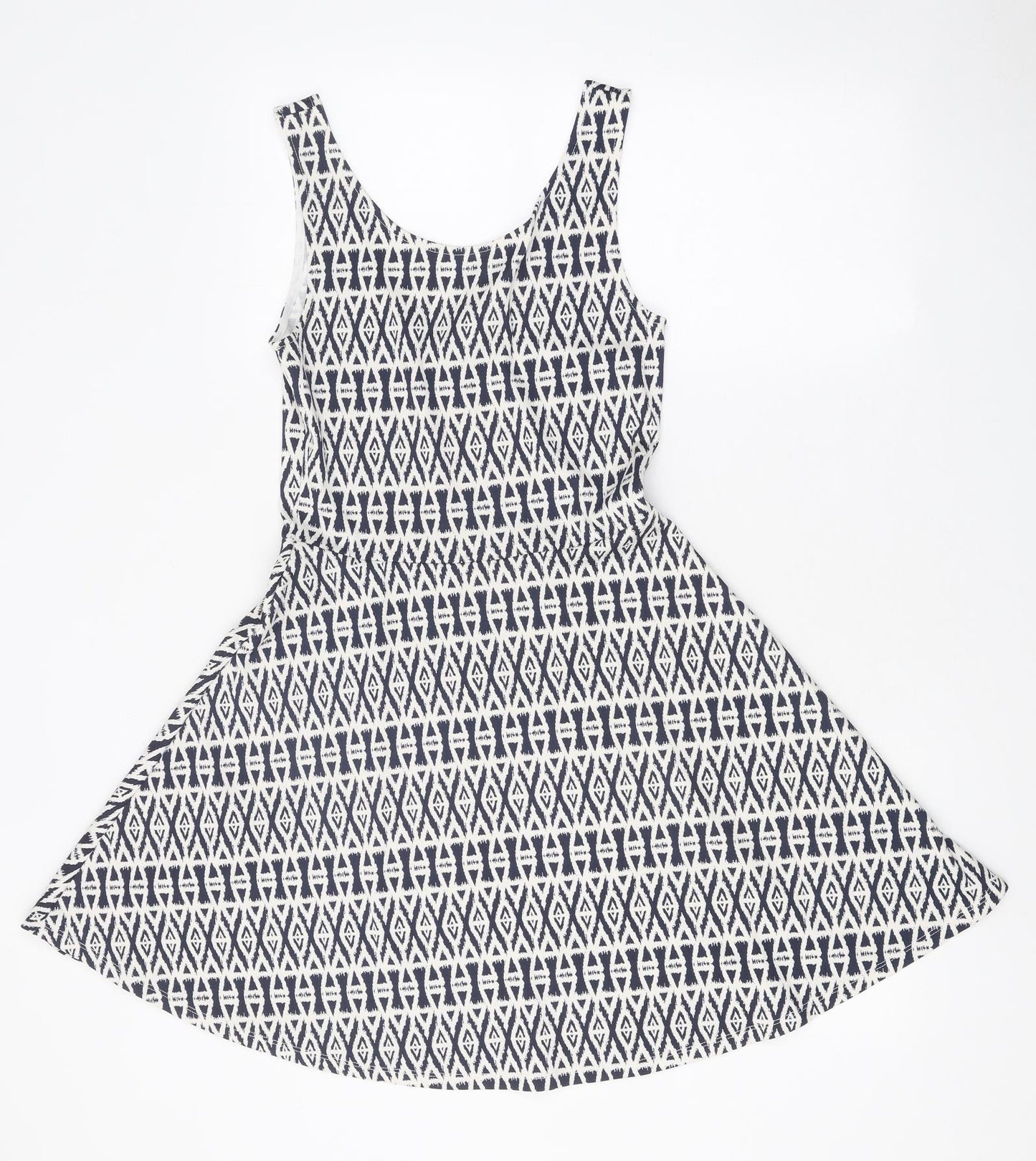 H&M Womens White Geometric Polyester Blend Tank Dress Size 10 Scoop Neck Pullover