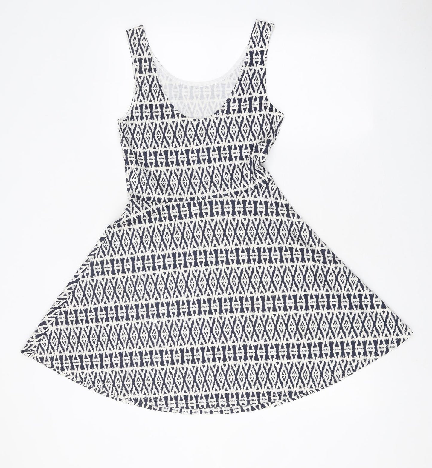 H&M Womens White Geometric Polyester Blend Tank Dress Size 10 Scoop Neck Pullover