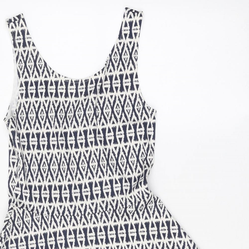 H&M Womens White Geometric Polyester Blend Tank Dress Size 10 Scoop Neck Pullover