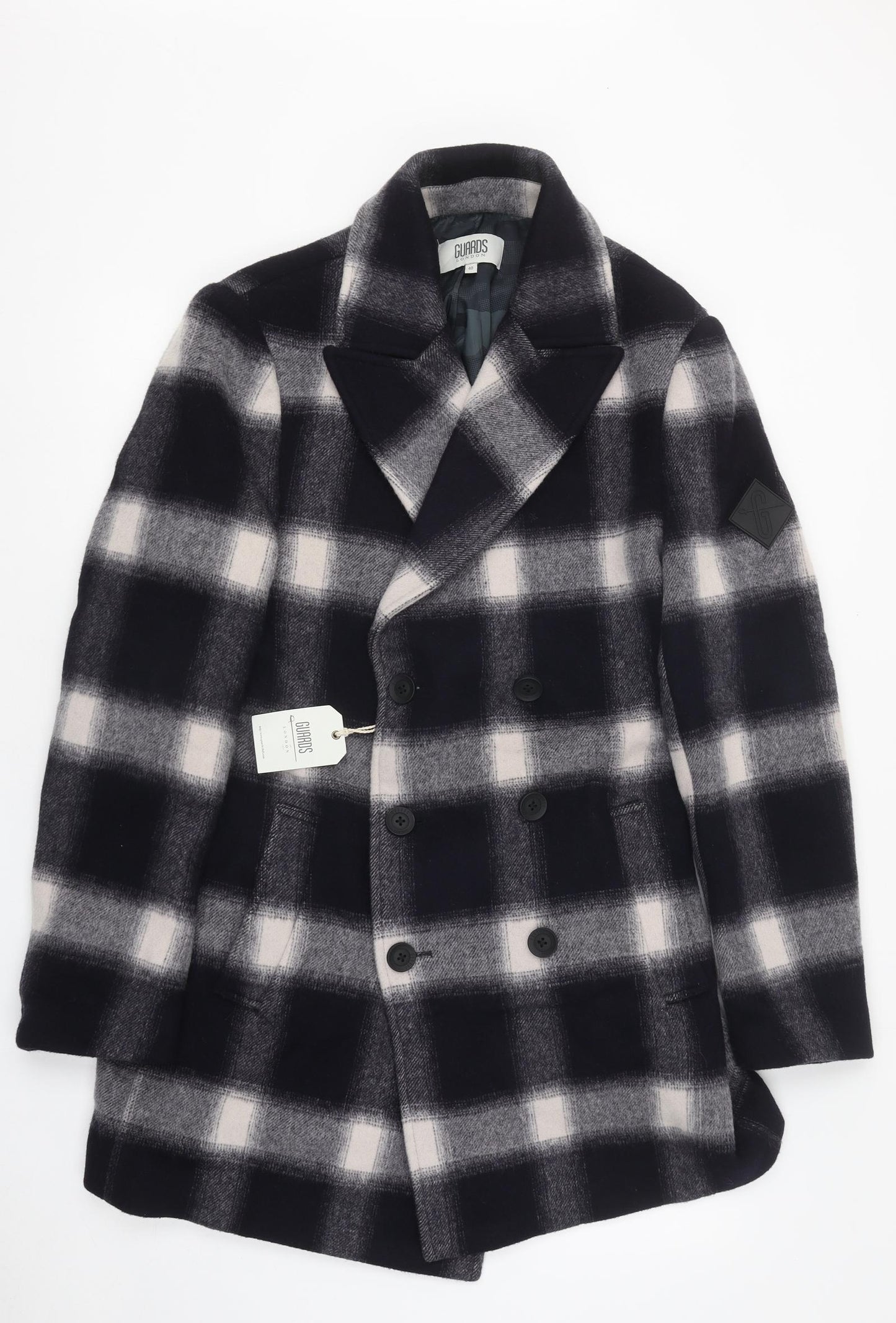 Guards London Mens Black Plaid Pea Coat Coat Size L Button