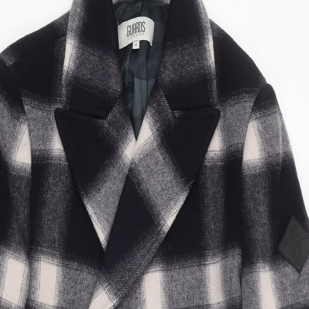 Guards London Mens Black Plaid Pea Coat Coat Size L Button