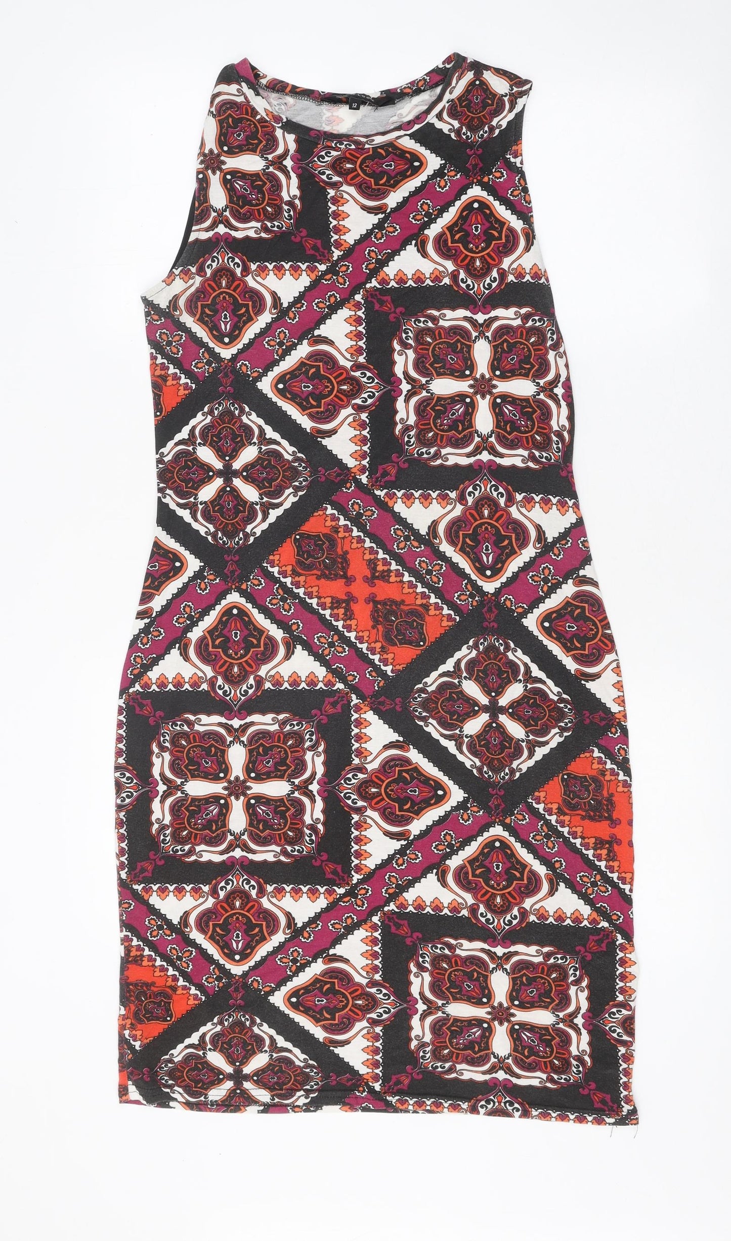 New Look Womens Multicoloured Geometric Polyester Tank Dress Size 12 Round Neck Pullover