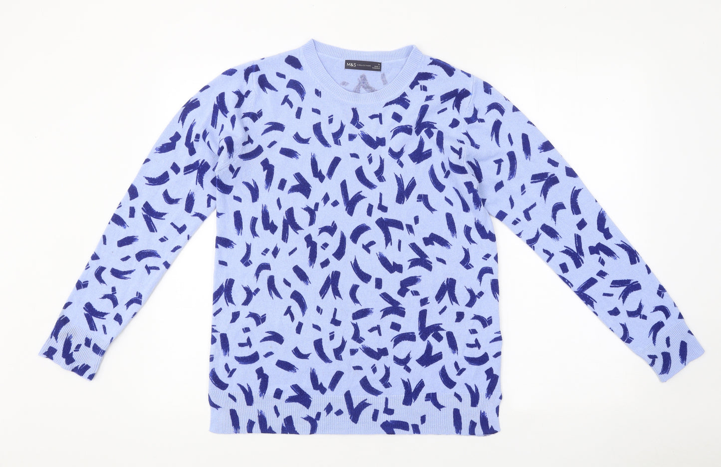 Marks and Spencer Womens Blue Round Neck Geometric Acrylic Henley Jumper Size 12