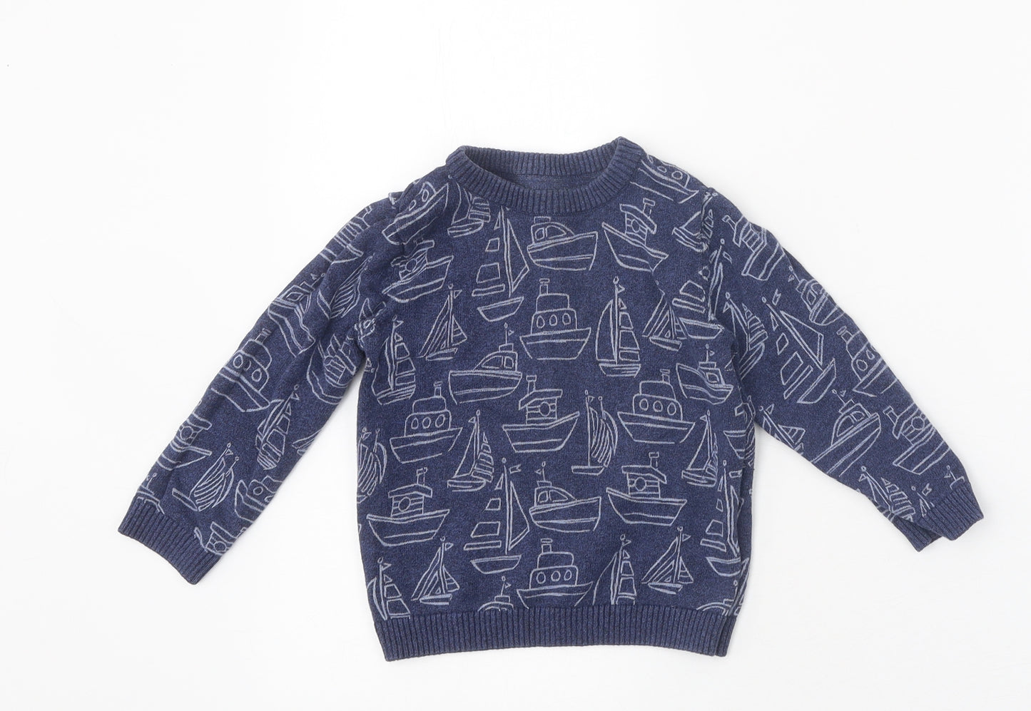 Marks and Spencer Boys Blue Round Neck Geometric Polyester Pullover Jumper Size 2-3 Years Pullover - Boat