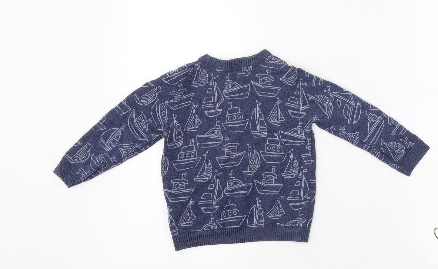 Marks and Spencer Boys Blue Round Neck Geometric Polyester Pullover Jumper Size 2-3 Years Pullover - Boat