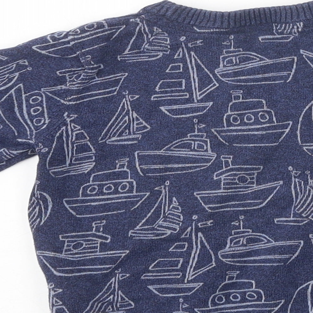 Marks and Spencer Boys Blue Round Neck Geometric Polyester Pullover Jumper Size 2-3 Years Pullover - Boat