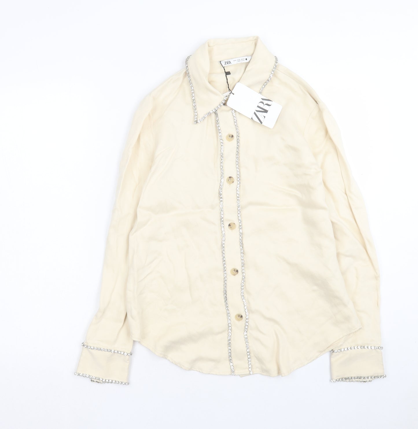 Zara Womens Ivory Lyocell Basic Button-Up Size M Collared