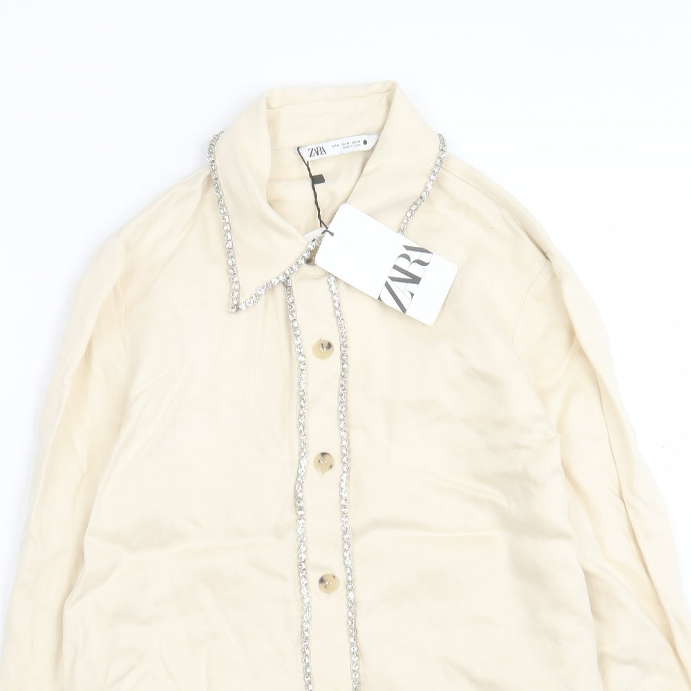 Zara Womens Ivory Lyocell Basic Button-Up Size M Collared