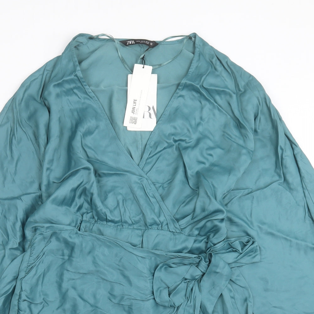Zara Womens Blue Viscose Wrap Dress Size XL V-Neck Tie